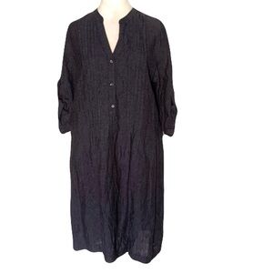 J McLaughlin Medium Deep Navy Blue Pleated Button V Neck 100%Linen Dress Modest